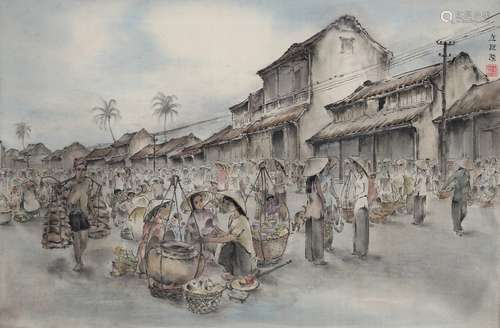 Asien - Seidenmalerei belebte Marktszene, silk painting busy...