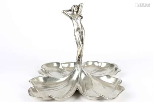 Kabarettschale mit weiblicher Figur, Zinn, figural pewter bo...