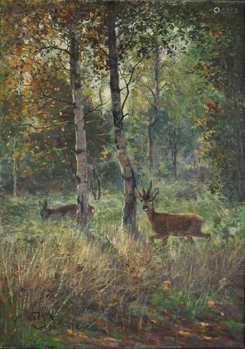 Carl Friedrich Deiker (1836-1892) Waldlandschaft mit Rehen, ...