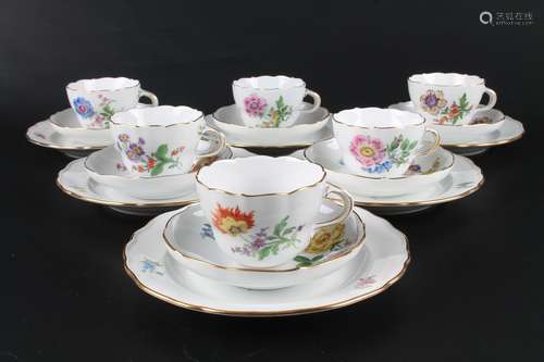 Meissen 6 Kaffeegedecke Blumenmalerei 1.Wahl, coffee cups,