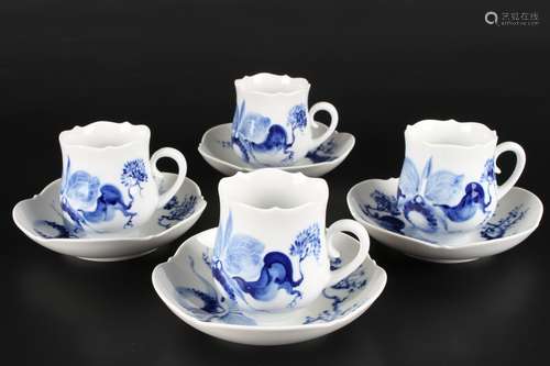 Meissen blaue Orchidee auf Ast 4 Kaffeetassen, coffee cups,