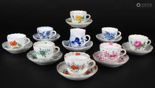 Meissen 9 Mokkatassen diverse Dekore, coffee cups,