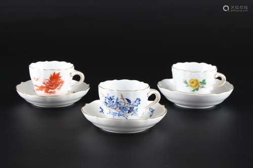 Meissen 3 Mokkatassen, mocha coffee cups,