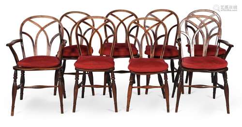 A MATCHED SET OF EIGHT ELM, ASH AND BEECH DINING CHAIRS, FIR...