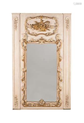 A FRENCH CREAM PAINTED AND PARCEL GILT WALL MIRROR, CIRCA 17...