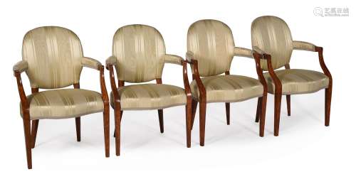 A SET OF FOUR GEORGE III SATINWOOD, LINE INLAID, AND SILK UP...
