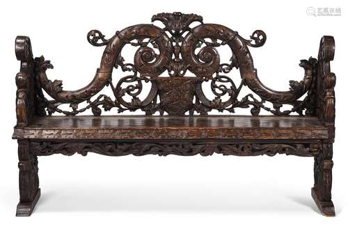 A CONTINENTAL CARVED PINE HALL BENCH, LATE 18TH/EARLY 19TH C...