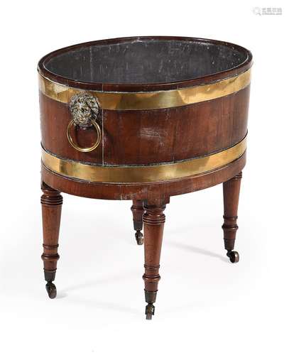 A GEORGE III MAHOGANY AND BRASS BOUND WINE COOLER, CIRCA 180...