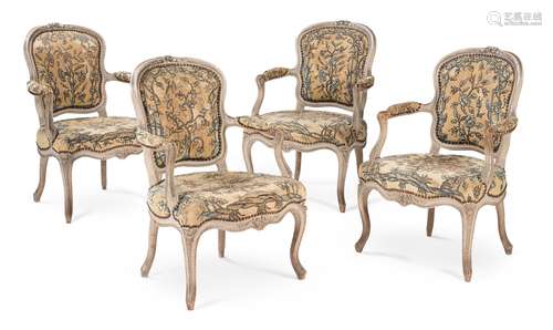 A SET OF FOUR LOUIS XV BEECH, CREAM PAINTED AND NEEDWORK UPH...