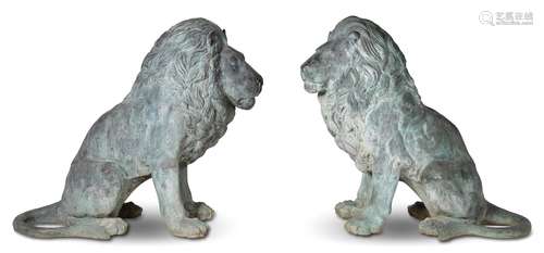 A LARGE PAIR OF BRONZE LIONS, OF RECENT MANUFACTURE