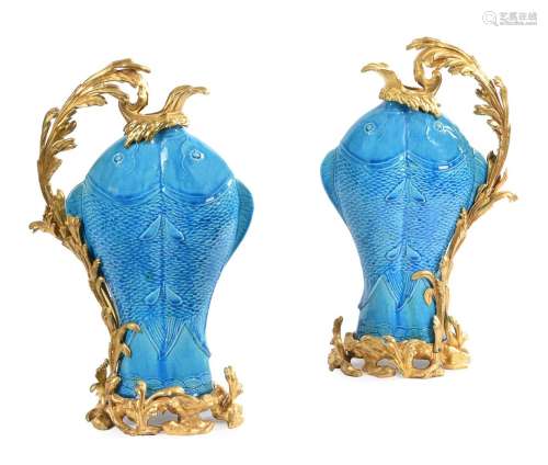 A PAIR OF GILT BRONZE MOUNTED CHINESE TURQUOISE GLAZED PORCE...