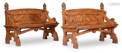 A PAIR OF VICTORIAN ELM AND BURR ELM BENCHES OR HALL SEATS, ...