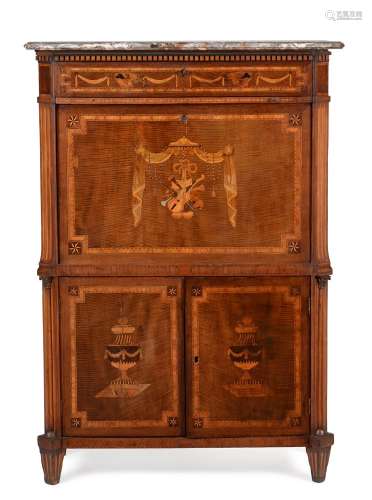 A GEORGE III HAREWOOD AND MARQUETRY SECRETAIRE A ABATTANT, L...