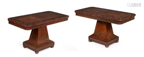 Y A PAIR OF REGENCY MAHOGANY AND MACASSAR EBONY INLAID LIBRA...