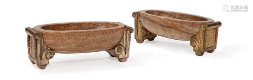 A PAIR OF GILT METAL MOUNTED MARBLE DISHES, EARLY 20TH CENTU...