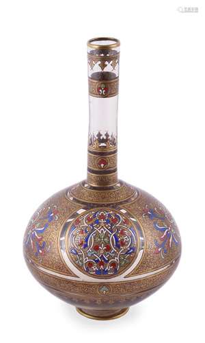 AN ISLAMIC STYLE CLEAR GLASS AND ENAMELLED BOTTLE VASE, CIRC...