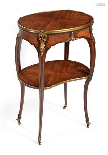 Y A FRENCH MAHOGANY, TULIPWOOD AND ORMOLU MOUNTED TWO TIER O...