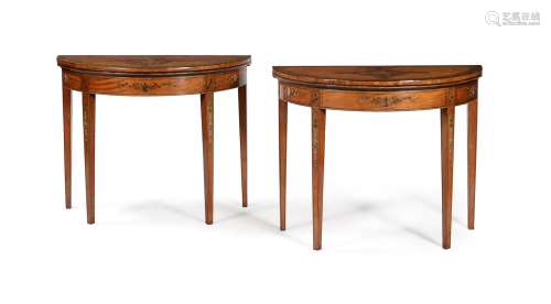 A PAIR OF GEORGE III DECORATED SATINWOOD CARD TABLES, CIRCA ...