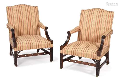 A PAIR OF MAHOGANY AND UPHOLSTERED GAINSBOROUGH ARMCHAIRS, 1...