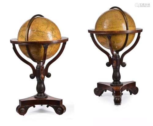 Y A PAIR OF REGENCY 21-INCH TERRESTRIAL AND CELESTIAL GLOBES...