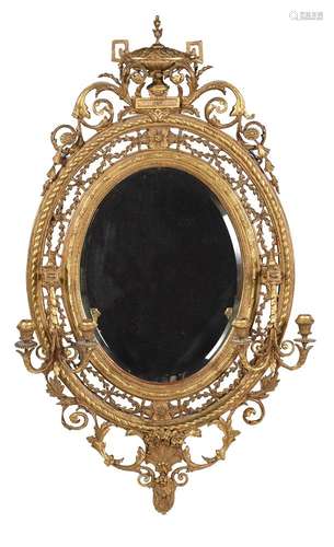 A VICTORIAN GILTWOOD AND COMPOSITION GIRANDOLE WALL MIRROR, ...