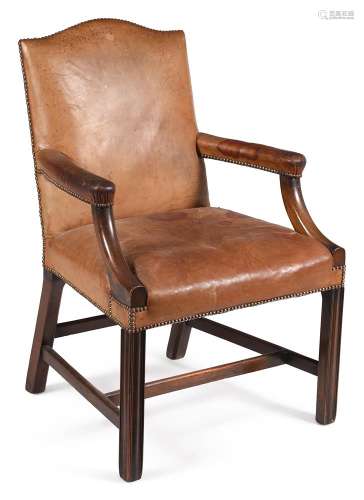 A MAHOGANY AND LEATHER UPHOLSTERED OPEN ARMCHAIR, LATE 19TH ...