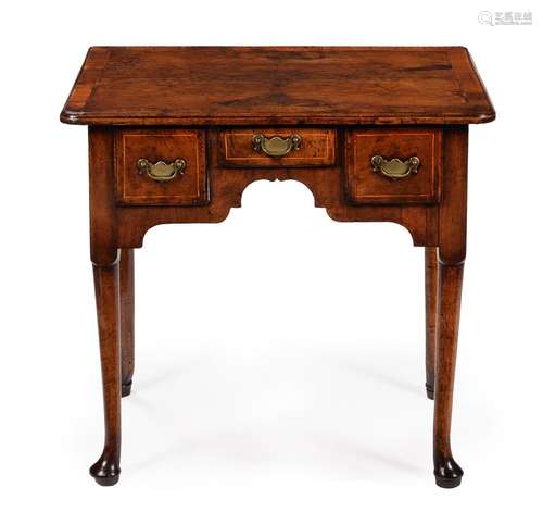 A GEORGE I WALNUT, ELM, AND FEATHER BANDED SIDE TABLE, CIRCA...