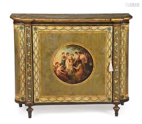 A GEORGE III GREEN AND POLYCHROME PAINTED SIDE CABINET, CIRC...