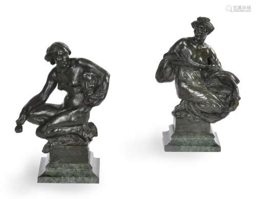 ALFRED DRURY (1856-1944), A PAIR OF BRONZE FEMALE FIGURES OF...
