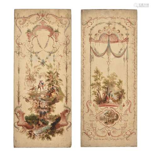 A PAIR OF PAINTED PANELS 'LOVERS ON A SWING' AND 'LOVERS HUN...