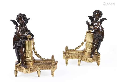 A PAIR OF FRENCH GILT AND PATINATED BRONZE FIGURAL CHENETS, ...