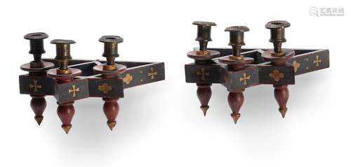 A PAIR OF POLYCHROME PAINTED THREE LIGHT WALL LIGHTS, CIRCA ...