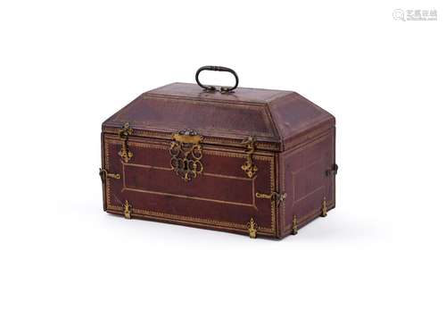 A FRENCH GILT TOOLED RED LEATHER AND GILT METAL MOUNTED CASK...