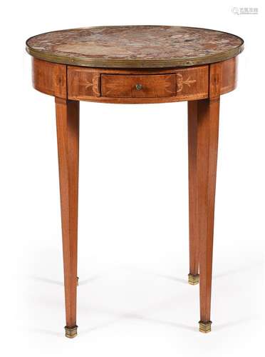 A CONTINENTAL WALNUT, MARQUETRY AND MARBLE TOPPED OCCASIONAL...