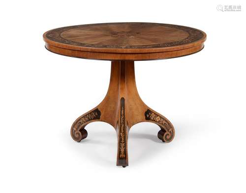 Y Y A WILLIAM IV FIGURED WALNUT, EBONY AND SPECIMEN MARQUETR...