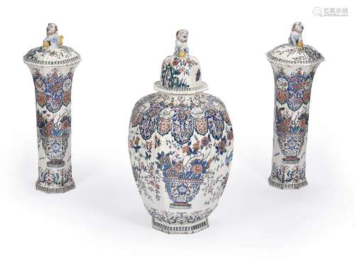 A DUTCH DELFT POLYCHROME FIVE PIECE GARNITURE, LATE 19TH CEN...