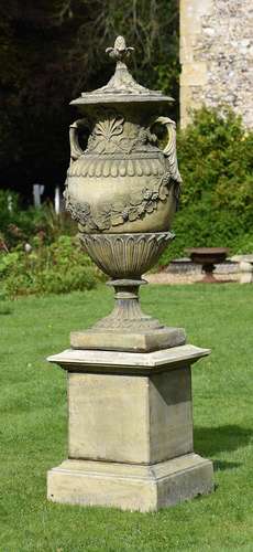 A LARGE AND IMPRESSIVE SWEDISH COMPOSITION STONE GARDEN URN ...