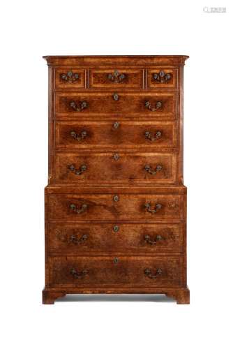 A GEORGE II BURR WALNUT AND FEATHER BANDED CHEST ON CHEST, C...