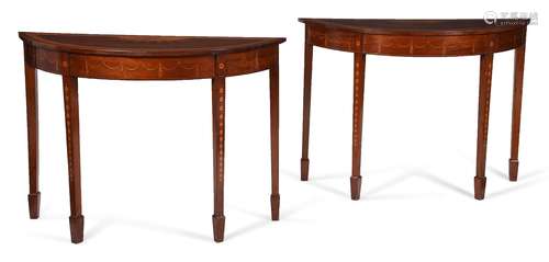 A PAIR OF GEORGE III MAHOGANY, SATINWOOD AND MARQUETRY DEMI-...