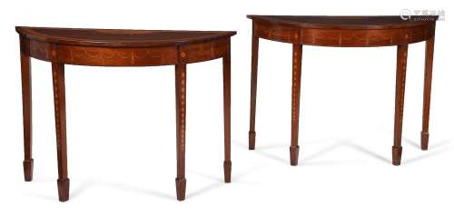 A PAIR OF GEORGE III MAHOGANY, SATINWOOD AND MARQUETRY DEMI-...