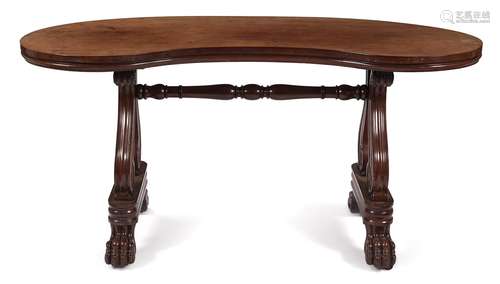 A GEORGE IV MAHOGANY AND PLUM PUDDING MAHOGANY KIDNEY-SHAPED...