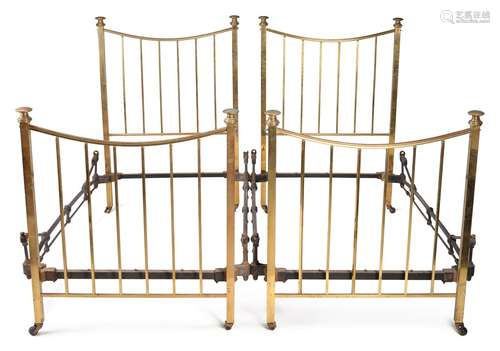 A PAIR BRASS AND IRON BED FRAMES, TOGETHER WITH A FURTHER SI...