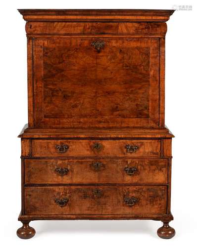 A QUEEN ANNE WALNUT AND FEATHER BANDED ESCRITOIRE, CIRCA 171...