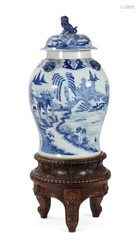 A LARGE CHINESE BLUE AND WHITE PORCELAIN VASE AND COVER ON F...