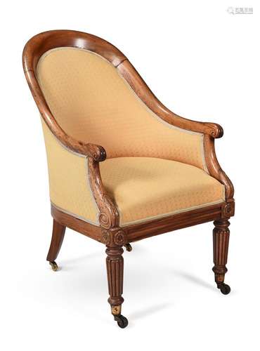 A REGENCY MAHOGANY AND UPHOLSTERED BERGERE ARMCHAIR, CIRCA 1...