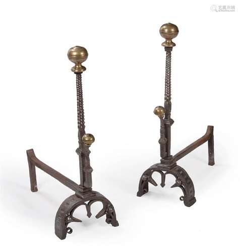 A PAIR OF BRASS AND WROUGHT IRON ANDIRONS, EARLY 18TH CENTUR...