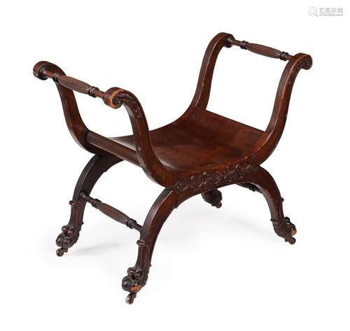 A MAHOGANY X-SHAPED WINDOW SEAT, IN GEORGE III STYLE, SECOND...