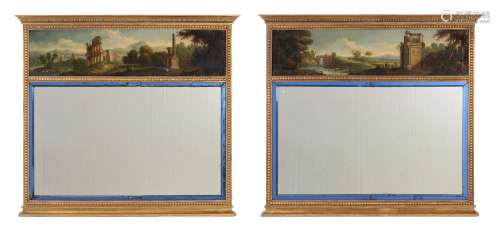 A PAIR OF GILTWOOD TRUMEAU MIRRORS, LATE 19TH/EARLY 20TH CEN...