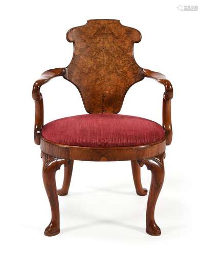 A QUEEN ANNE BURR WALNUT AND WALNUT OPEN ARMCHAIR, CIRCA 171...