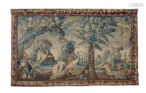 A FRENCH EXOTIC CHINOISERIE LANDSCAPE TAPESTRY, MID-18TH CEN...